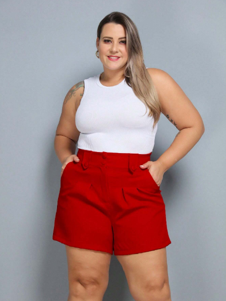 Shorts femininos plus size,Shorts de alfaiataria plus size,Moda plus size verão,Roupas tamanho grande femininas,Shorts sociais plus size,​Shorts elegantes plus size,Shorts meio coxa plus size