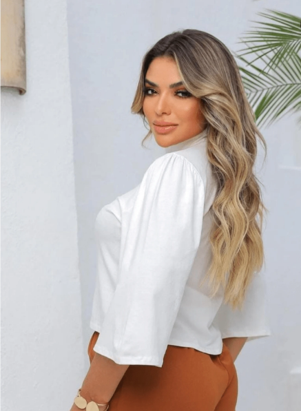 Blusa feminina elegante,Blusa manga flare 3/4,Blusa bata feminina,Blusa gola V feminina,Blusa manga morcego,Blusa para trabalho social,Blusa feminina para eventos
