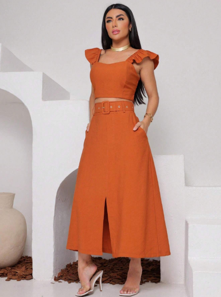 Conjunto saia midi e cropped,Conjunto feminino saia e cropped,Conjunto saia midi com cinto,Conjunto cropped com bojo,Conjunto feminino elegante,Conjunto saia e cropped de alfaiataria,Conjunto feminino para eventos