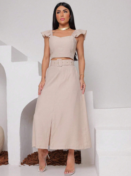 Conjunto saia midi e cropped,Conjunto feminino saia e cropped,Conjunto saia midi com cinto,Conjunto cropped com bojo,Conjunto feminino elegante,Conjunto saia e cropped de alfaiataria,Conjunto feminino para eventos