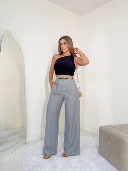 Calça pantalona feminina,
 Calça de alfaiataria feminina,
 Calça social feminina com cinto,
 Calça pantalona cintura alta,
 Calça pantalona elegante,
 Calça pantalona moderna,
 Calça pantalona cores vibrantes,