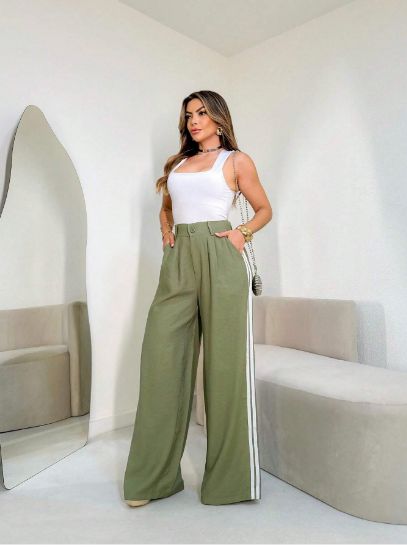 Calça pantalona feminina,
Calça com laterais largas,
Calça cintura alta feminina,
Calça pantalona social,
Calça pantalona elegante,
Calça pantalona moderna,
Calça pantalona cores vibrantes
