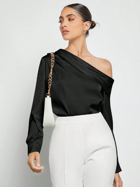 Camisa feminina cetim elegante,Blusa cetim manga longa feminina,Camisa cetim com recorte nos ombros,Camisa cetim plissada feminina,Blusa feminina cetim decote assimétrico,Camisa social feminina cetim,Camisa cetim feminina para eventos