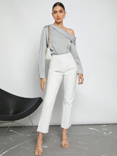 Camisa feminina cetim elegante,Blusa cetim manga longa feminina,Camisa cetim com recorte nos ombros,Camisa cetim plissada feminina,Blusa feminina cetim decote assimétrico,Camisa social feminina cetim,Camisa cetim feminina para eventos