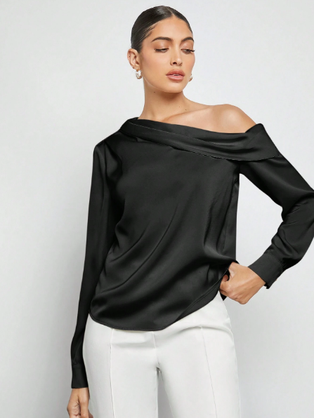 Camisa feminina cetim elegante,Blusa cetim manga longa feminina,Camisa cetim com recorte nos ombros,Camisa cetim plissada feminina,Blusa feminina cetim decote assimétrico,Camisa social feminina cetim,Camisa cetim feminina para eventos