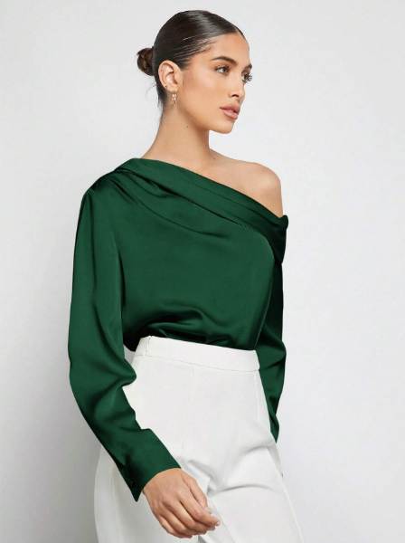 Camisa feminina cetim elegante,Blusa cetim manga longa feminina,Camisa cetim com recorte nos ombros,Camisa cetim plissada feminina,Blusa feminina cetim decote assimétrico,Camisa social feminina cetim,Camisa cetim feminina para eventos