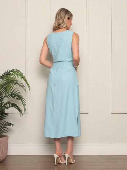 Conjunto feminino elegante,Conjunto blusa regata e saia midi,Conjunto feminino saia e blusa,Conjunto feminino social,Conjunto de alfaiataria feminino,Conjunto feminino para eventos,Conjunto moda feminina verão