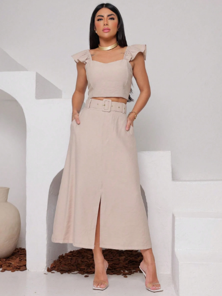 Conjunto saia midi e cropped,Conjunto feminino saia e cropped,Conjunto saia midi com cinto,Conjunto cropped com bojo,Conjunto feminino elegante,Conjunto saia e cropped de alfaiataria,Conjunto feminino para eventos