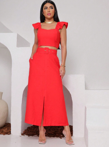 Conjunto saia midi e cropped,Conjunto feminino saia e cropped,Conjunto saia midi com cinto,Conjunto cropped com bojo,Conjunto feminino elegante,Conjunto saia e cropped de alfaiataria,Conjunto feminino para eventos
