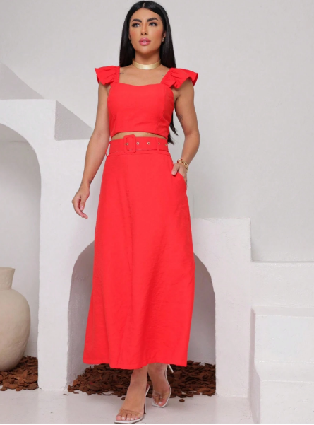 Conjunto saia midi e cropped,Conjunto feminino saia e cropped,Conjunto saia midi com cinto,Conjunto cropped com bojo,Conjunto feminino elegante,Conjunto saia e cropped de alfaiataria,Conjunto feminino para eventos