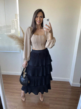 Saia plissada de 4 camadas,Saia plissada em camadas,Saia plissada volumosa,Saia plissada longa,Saia plissada midi,Saia plissada feminina,Saia plissada elegante