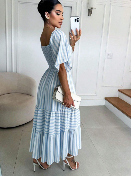Vestido midi listrado,Vestido tricoline feminino,Vestido manga três marias,Vestido evangélico midi,Vestido listrado moda evangélica,Vestido midi com forro,Vestido evangélico elegante