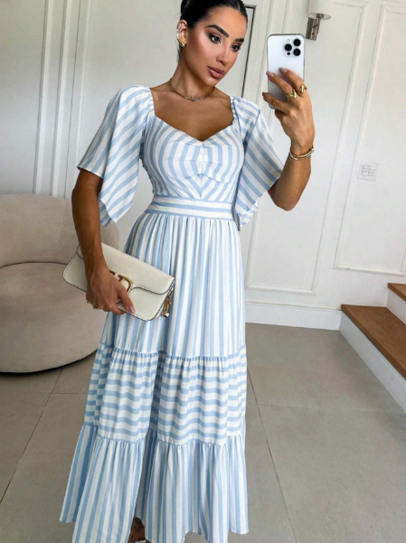 Vestido midi listrado,Vestido tricoline feminino,Vestido manga três marias,Vestido evangélico midi,Vestido listrado moda evangélica,Vestido midi com forro,Vestido evangélico elegante