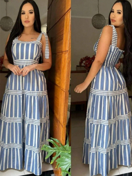Vestido longo feminino,Vestido longo listrado,Vestido de verão feminino,Vestido casual longo,Vestido longo com alça fina,Vestido feminino elegante listrado,Vestido longo fresquinho para verão
