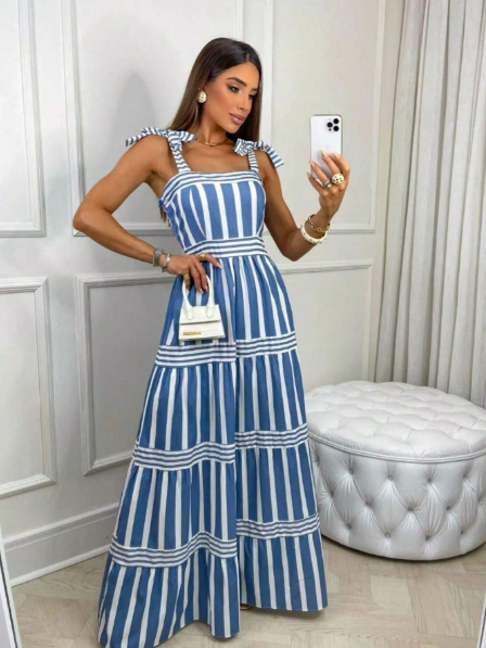 Vestido longo feminino,Vestido longo listrado,Vestido de verão feminino,Vestido casual longo,Vestido longo com alça fina,Vestido feminino elegante listrado,Vestido longo fresquinho para verão
