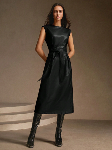 Vestido de couro longo,
Vestido de couro sintético longo,
Vestido de couro ecológico longo,
Vestido de couro PU longo,
Vestido de couro preto longo,
Vestido de couro sem mangas longo,
Vestido de couro com decote redondo longo