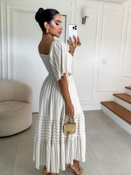Vestido midi listrado,Vestido tricoline feminino,Vestido manga três marias,Vestido evangélico midi,Vestido listrado moda evangélica,Vestido midi com forro,Vestido evangélico elegante