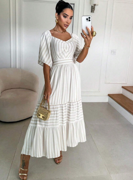 Vestido midi listrado,Vestido tricoline feminino,Vestido manga três marias,Vestido evangélico midi,Vestido listrado moda evangélica,Vestido midi com forro,Vestido evangélico elegante
