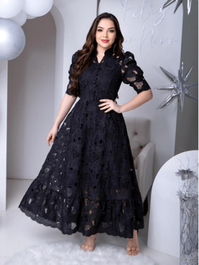 Vestido lese de algodão,
Vestido com mangas bufantes,
Vestido romântico feminino,
Vestido com babados na bainha,
Vestido de cintura alta elegante,
Vestido de colarinho baixo,
Vestido bordado feminino,
