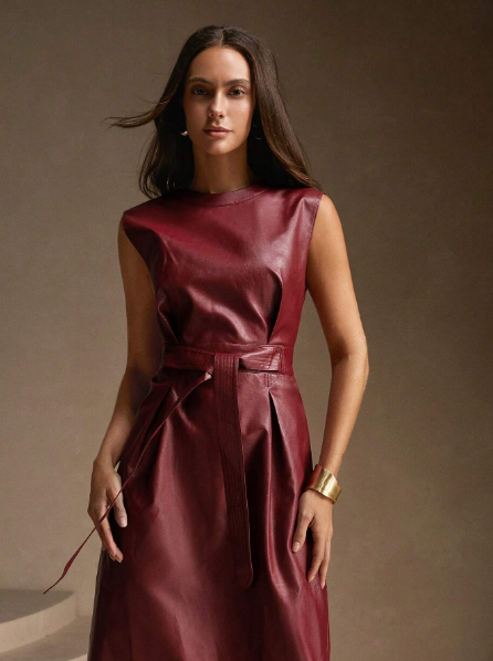 Vestido de couro longo,
Vestido de couro sintético longo,
Vestido de couro ecológico longo,
Vestido de couro PU longo,
Vestido de couro preto longo,
Vestido de couro sem mangas longo,
Vestido de couro com decote redondo longo